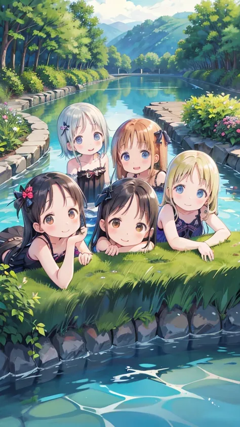 6 years old、four beautiful girls、gothic、witch, happy smile、beautiful background, (river, swimming pool and fantasy), four girls,