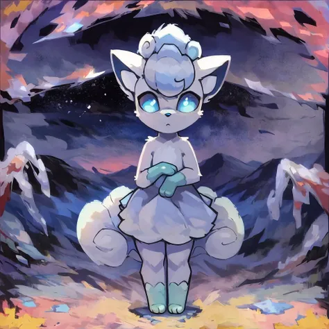 vulpix, 1girl. cute, arctic, alolan vulpix, blue eyes, shiny, standing, star cloud background.