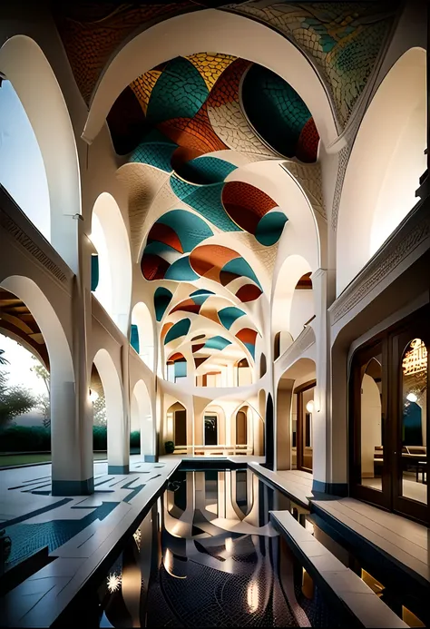 hyper-realistic photo of an architectural interior featuring stunning arabesque patterns. the interior should be richly decorate...