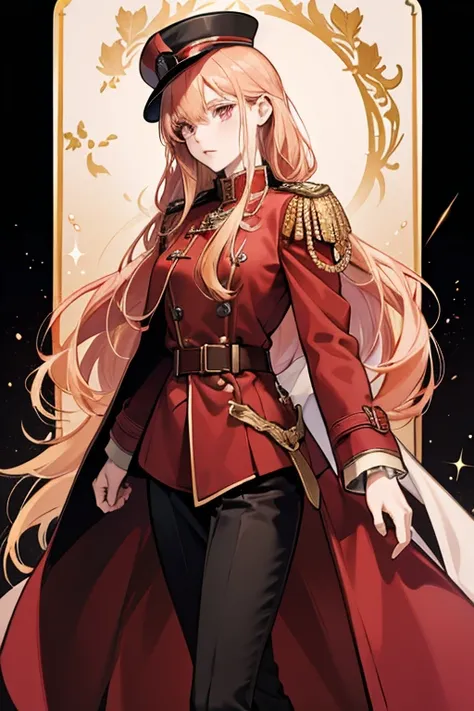 she has shaggy shoulder-length strawberry blond hair and pale skin, reddish-pink eyes, . Her military uniform consists of a woolen overcoat, dark breeches, tall laced boots, and a small bowler hat with ribbons attached to it. SPARKLE; GLITTER