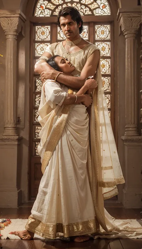 35mm film photography, A middle-aged Caucasian man with short dark hair tenderly embracing and kissing a young, curvaceous South Indian bride dressed in a traditional Indian dawani in a comfortable living room. A group of three Caucasian men observing the ...