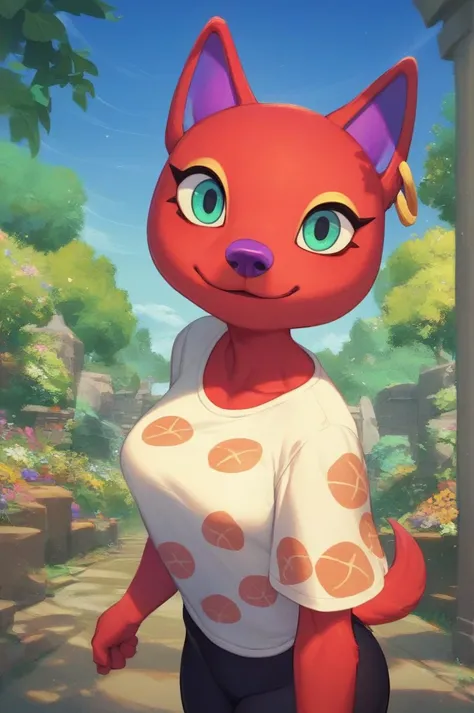 zpdxl,cherry (animal crossing), purple nose, red fur, teal eyes, furry female, dog girl, ear piercing, webbed shirt, black leggi...