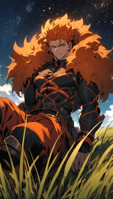 A muscular man wearing an orange, red and black outfit，Cool hairstyle，grassland，Starry Sky