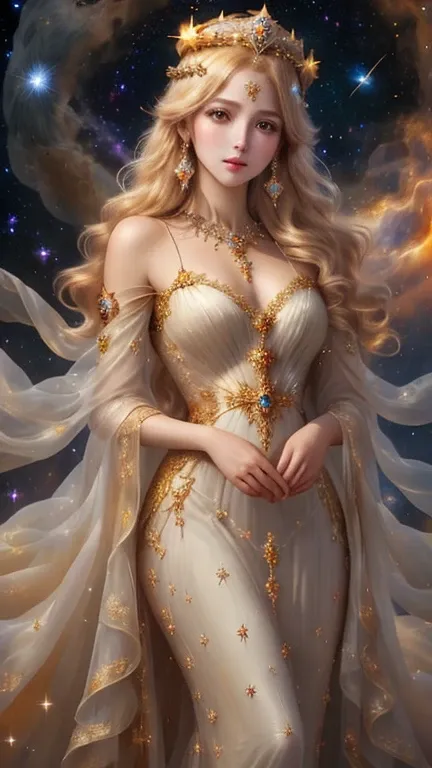 the cosmic goddess adorned with a natural crown of gold and precious stones、 elegant and beautiful、a look of mercy、looking at th...