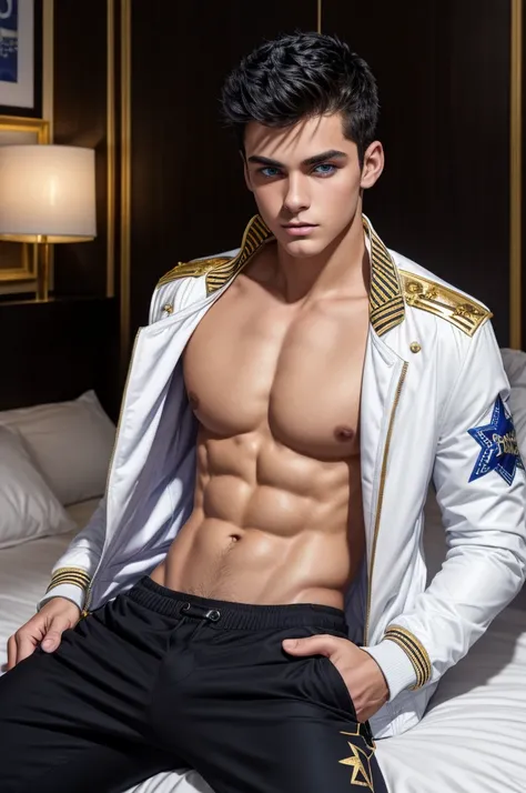 close-up on the face of a handsome and sensual young 18-year-old male, athletic body, spiky black hair, blue eyes with star-shaped pupils, white jacket with gold details, no shirt under the jacket, black pants with gold details.  In the bedroom.