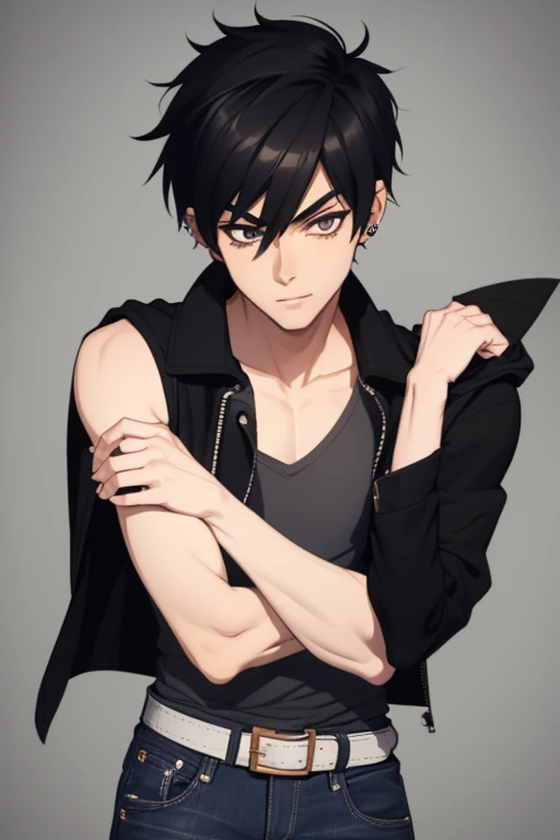 Marshall Lee Handsome 18 year old boy with black hair, brown skin, pierced ears, black eyes, gray tank top, open black jacket, black belt, blue jeans, looking directly at viewer on a white background.