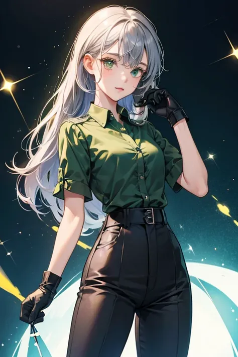 she has a wiry and bent hair curl she wearing dark pants, a green short sleeved collared shirt, and dark gloves  SPARKLE; GLITTER