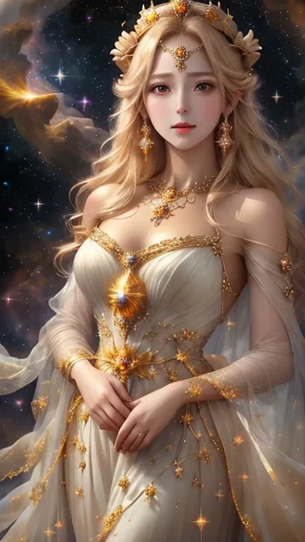 the cosmic goddess adorned with a natural crown of gold and precious stones、 elegant and beautiful、a look of mercy、looking at th...