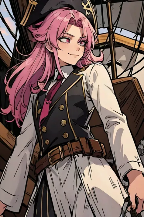 A handsome pink haired man with violet eyes with long hair in a pirates uniform is holding a spyglass with a smile on a pirate ship