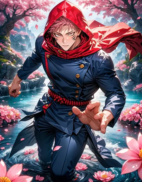 absurdres, highres, ultra detailed, HDR, master piece, best quality, Itadori Yuji, pink hair, expressive brown eyes, Jujutsu Kaisen, red hood, solo, sexy man, handsome, jujutsu uniform, fantasy, shining, water, pink flowers, pink blossoms, pink petals