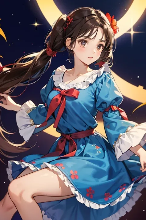 Seychelles has long, dark brown hair, tied into two pigtails with red ribbons. She wears a knee-length blue dress with puffed sleeves, which sometimes is drawn with a flower-print. She usually has brown eyes,.  SPARKLE; GLITTER