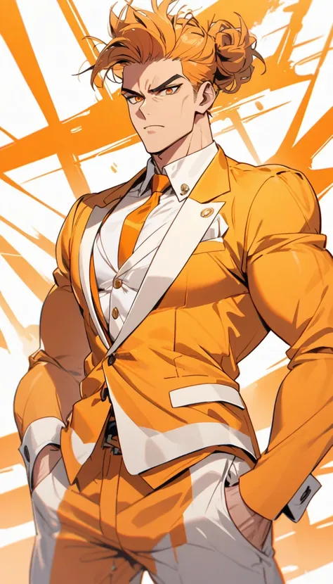 A muscular man wearing an orange and white suit，Cool hairstyle