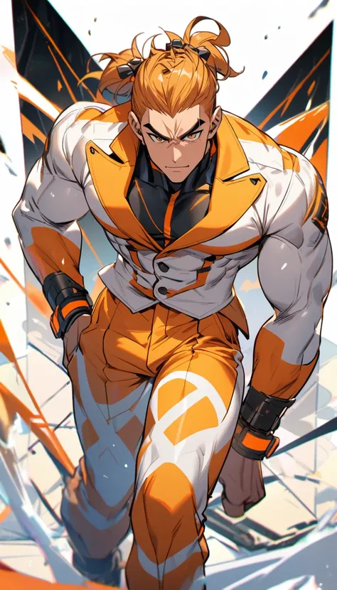 A muscular man wearing an orange and white suit，Cool hairstyle