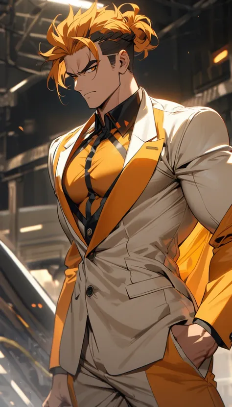 A muscular man wearing an orange and white suit，Cool hairstyle