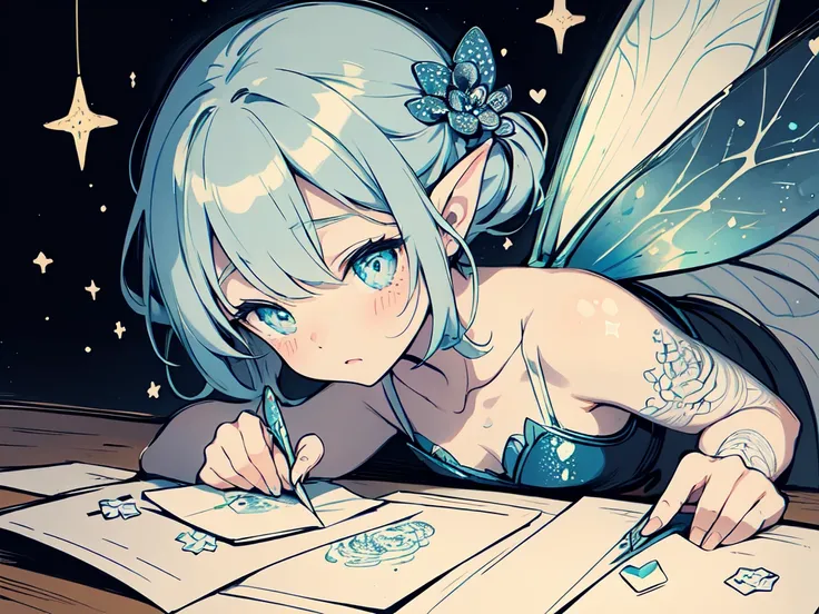 A surreal(((beautifully drawn love letter))), created by a tiny, cutely drawn surreal little fairy, featuring intricate ((( ink letters))), dotted with flecks of sparkling (glitter) that cast a ethereal glow across the parchment like falling starlight