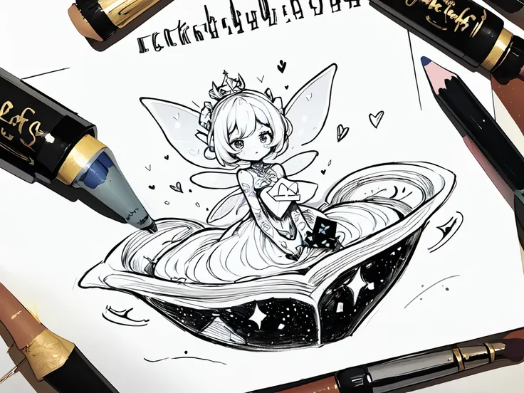 A surreal(((beautifully drawn love letter))), created by a tiny, cutely drawn surreal little fairy, featuring intricate ((( ink letters))), dotted with flecks of sparkling (glitter) that cast a ethereal glow across the parchment like falling starlight