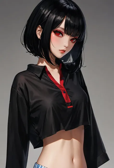 (Highest Resolution, clear_image) Best Quality, woman, masterpiece, Black bob hair, Black hair bangs, Red eyeshadow，jet black one piece shirt
