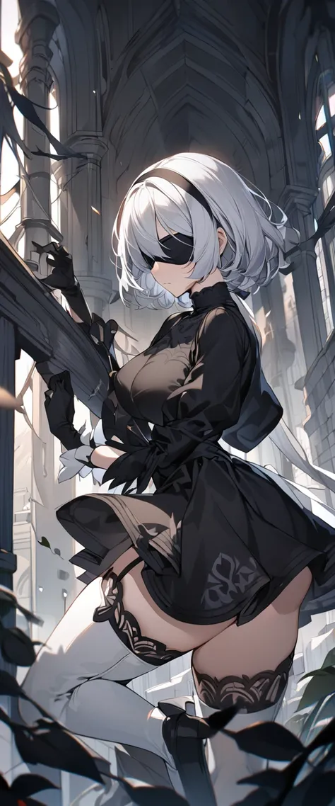 1girl,(2b (nier:automata)), solo,black dress,two-sided skirt, high thigh boots,white gloves,black hands,white hair,blindfold,black hairband,intricate details,perfect anatomy,best quality, 