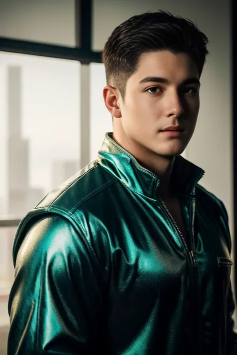 Quarter body photorealistic shots still of young Cody Christian as Archangel Raphael, wearing chartreuse green, in a high budget film, natural light photo, Canon 85L f2. 8, ISO320, 5000K colour balance, Miki Asai Macro photography, close-up, hyper detailed...