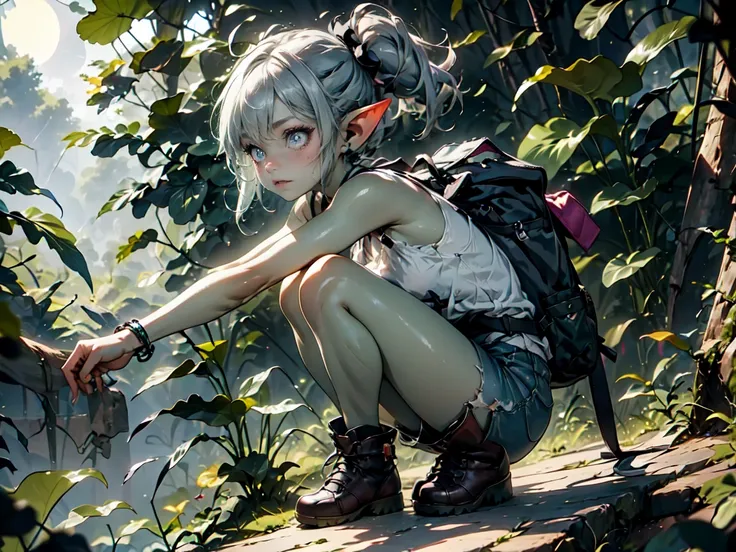 1 girl, solo ((best quality)), ((masterpiece)), (detailed), 4k, deep green skin, tiny pointy ears, 3 foot tall mature goblin wom...