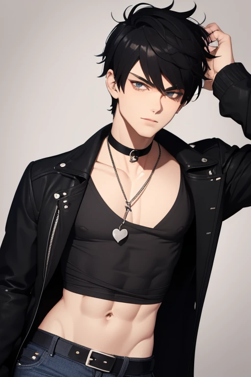 Marshall Lee Handsome 18 year old boy with black hair, brown skin, pierced ears, black eyes, gray tank top, open black jacket, black belt, blue jeans, looking directly at viewer on a white background.