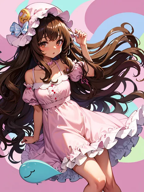 Anime girl, brown skin, thick, long curly brown hair with bangs, brown eyes, pastel coquette dress aesthetic
