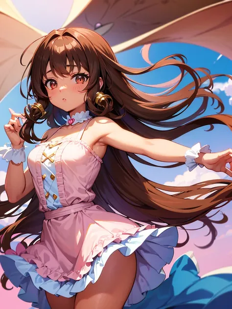 Anime girl, brown skin, thick, long curly brown hair with bangs, brown eyes, pastel coquette dress aesthetic
