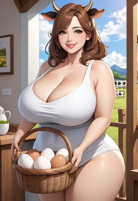 Masterpiece, hi res, absurdres, Best Quality, 4K, 8K, detailed, Mature female, huge breasts , curvy, Big ass, sligtly chubby,tall,Brown hair,cow horns,cow ears,cow tail, smiling, prominent lips, holding a basket full of eggs 