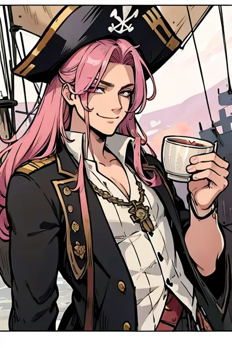 A handsome pink haired man with violet eyes with long hair in a pirates uniform is drinking on a pirate ship with a big smile