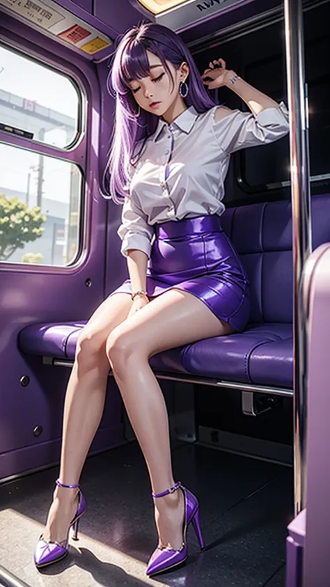 clear images、real women、light purple hair,  
side tail, slender figure ,breasts are a little bigger than normal , full body shot...