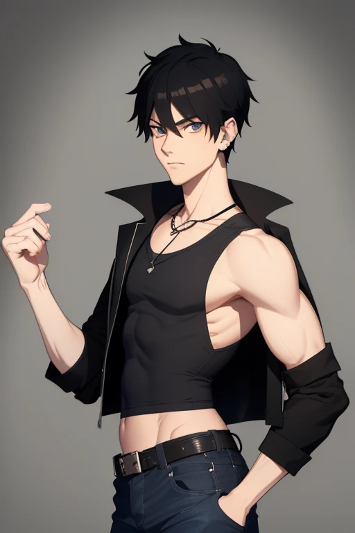 Marshall Lee Handsome 18 year old boy with black hair, brown skin, pierced ears, black eyes, gray tank top, open black jacket, black belt, blue jeans, looking directly at viewer on a white background.