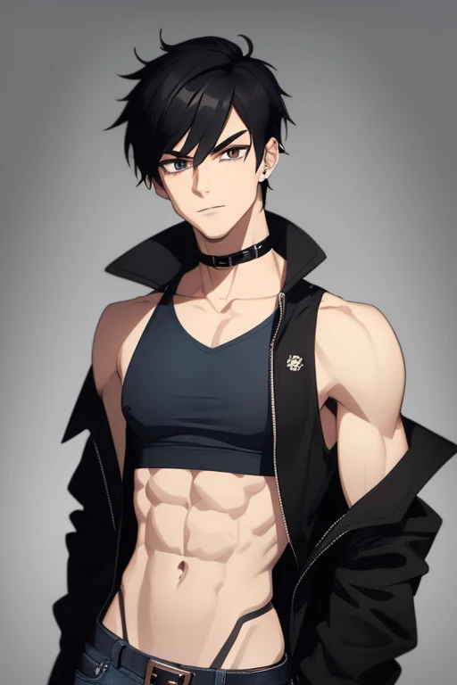 Marshall Lee Handsome 18 year old boy with black hair, brown skin, pierced ears, black eyes, gray tank top, open black jacket, black belt, blue jeans, looking directly at viewer on a white background.