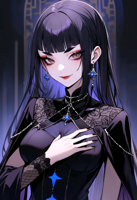 goth woman, Asian, medium breasts, brown eyes, slim eyebrows, long black hair, bangs, black makeup, dark purple dress, smiling, hand on chest, blue star pattern