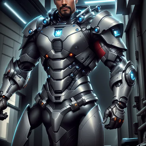 Theres a man in a suit standing in a town, robust and attractive male with armor, stylish cyborg armor, full cyber combat suit, 8k 3D rendering character art, cyberpunk iron man, science fiction armor! muscular, reinhardt from overwatch, Wearing futuristic...