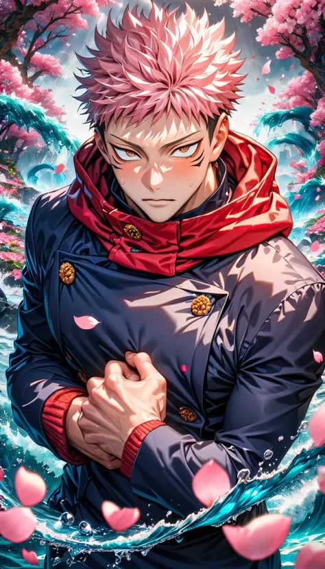 absurdres, highres, ultra detailed, HDR, master piece, best quality, Itadori Yuuji, pink hair, expressive brown eyes, Jujutsu Kaisen, solo, sexy man, handsome, jujutsu uniform, red hoodie, fantasy, shining, water, pink flowers, pink blossoms, pink petals