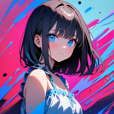 (8K,4K,best quality, master piece: 1.2), super high resolution,1 Beautiful woman,16yo,ultra-detailed face, detailed eyes,blue eyes,mascara,blue eyes,:>,frilled camisole,(black hair, blue dip-dye hair),bob cut,looking at viewer,ポートレート,blue splash background