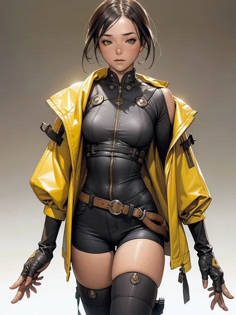 ((best qualityer)), ((work of art)), (detailded:1.4), 3d, an image of a beautiful woman with a perfect body wearing a yellow punk jacket with small spikes and short ripped denim shorts, black leather garter belt, hdr (high-range dynamics),ray tracing,nvidi...