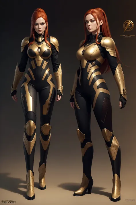 Best quality, model sheet, intricate details, set of character, woman, scifi warrior, perfect face, long eyelashes, red hair, black and gold scifi suit with small lights scattered across the torso, arms and legs, high boots