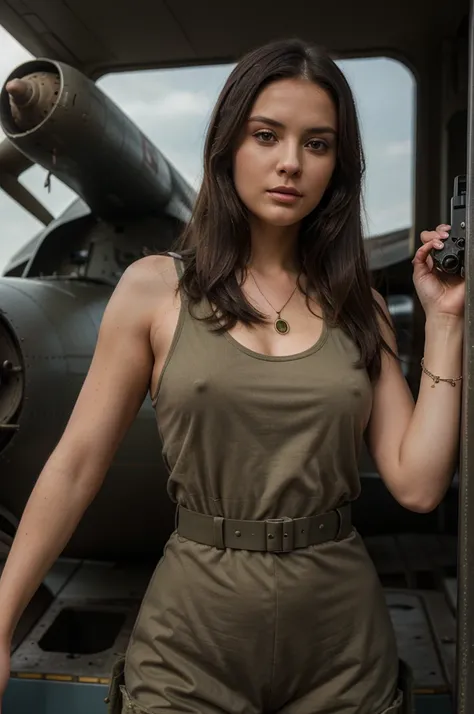 1girl in, 30 years old, Square face, Long hair, Looking at the viewer, jewelry, Realistic, Sexy, military combat outfit, military weapon background tank-plane-artillery-gun, private free position