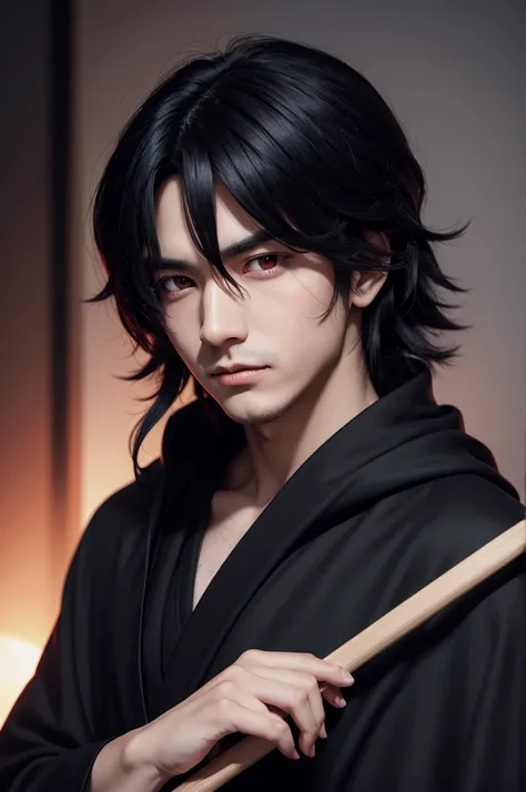 Man with big black hair in black robe and black clothes underneath red eyes in anime 