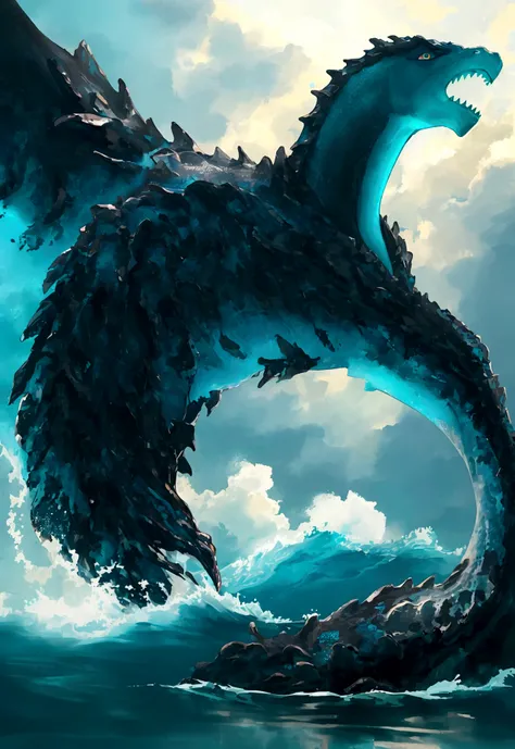 "(best quality,highres,realistic:1.37),Loch Ness monster swimming in the ocean,deep turquoise water,rippling waves,giant creature emerging,dark and mysterious depths,vivid colors,subtle sunlight filtering through the water,monster with scaly skin and long ...