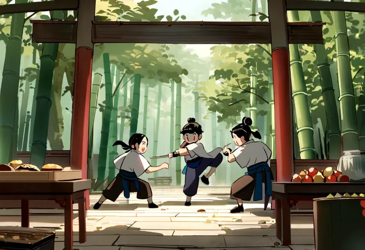 ancient Chinese style，In front of the Jiangnan courtyard，There is a bamboo forest，There is a girl practicing martial arts in the bamboo forest.，There are a few small stalls selling food.，chinese style cartoon，Chinese style game