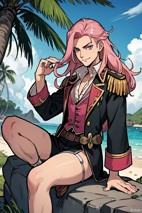 A handsome pink haired man with violet eyes with long hair in a pirates uniform is sitting on a rock with a big smile on a tropical island