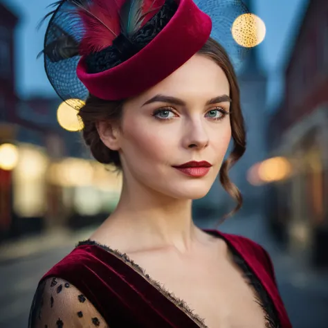 A stunning Victorian-era portrait of a woman, adorned in a classic velvet dress and a dainty feathered hat. Her exquisite face boasts beautifully detailed eyes, lips, and skin, with sharp focus and vivid colors. She stands confidently on the foggy street, ...