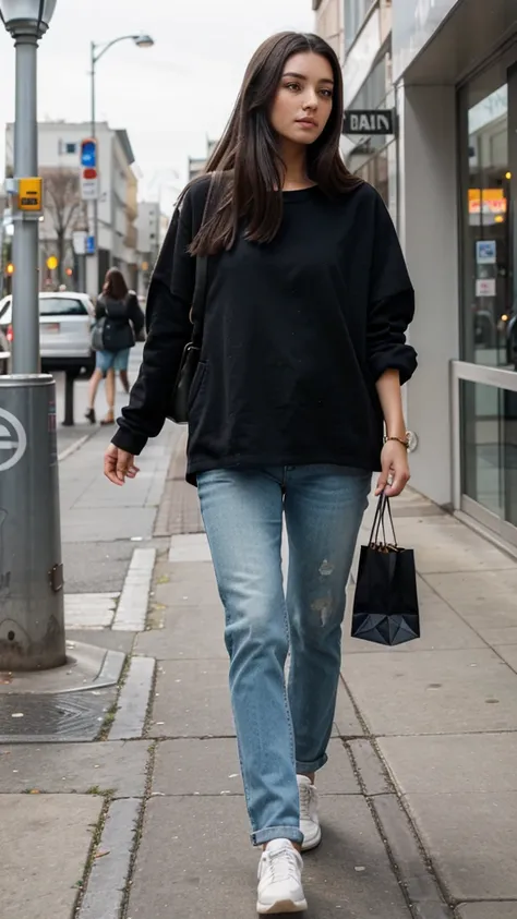 Woman, full length, walking on the right side, wearing casual clothing, detailed face, dark hair, returned from shopping, detailed face.