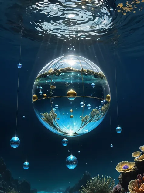 (Better lighting, Best shade, artwork, high quality),((dream-likeガラスドームの中no宇宙)),Liquid Gold, Liquid Aquamarine, "Where the wonders of the solar system are revealed in surreal and fascinating exhibits. floating in crystal clear water, A series of interconne...