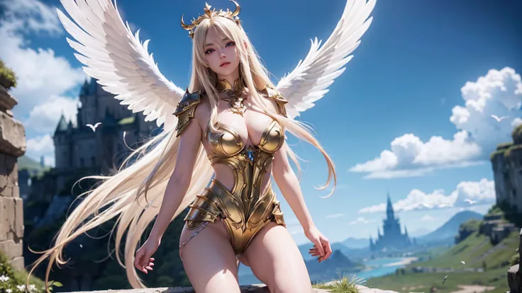 highly detailed fantasy artUltra-burly body、Flying hair，highly details eye，pretty eyes，busty, Detailed beautiful face, feminine ，musculature、Intricate openwork pattern armor，Thick wild hair，Fantasy setting，Full body standing painting，dynamicposes，white bac...