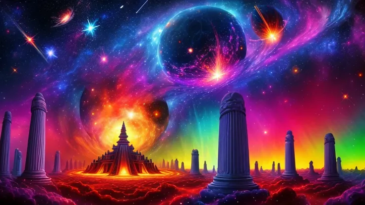 Psychedelic Style, Space-themed album cover art, Apocalyptic Configuration, Ancient temples, Planet in the sky, Broadleaf Forest, shooting star, nebula, Colorful glowing particles, Vibrant colors without people, Swirl pattern, Abstract Form, Surreal, Tripp...