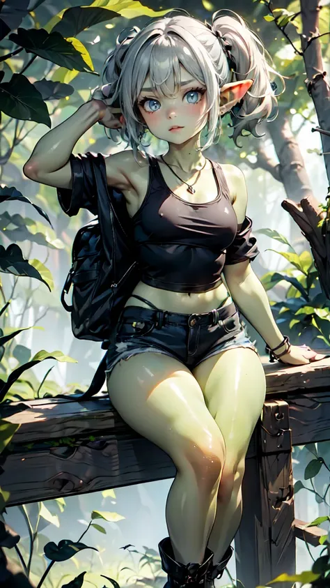 1 girl, solo ((best quality)), ((masterpiece)), (detailed), 4k, deep green skin, tiny pointy ears, 3 foot tall mature goblin wom...