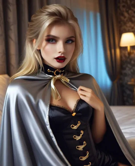 Vampyfangs1 , (RAW photo) , (detailed eyes:1.10) , (insane details), cute, 20 years old, long blonde hair in a high ponytail , ((((glossy silver and gold lined satin cape tied at the neck)))+++, ((naked:1.20))++ , sitting on a bed, nighttime , masturbating...